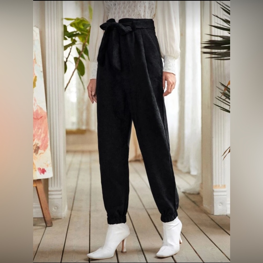 RomWe Corduroy Black High-Waisted Paper Bag Joggers Pants M/L Tie Waist Pockets